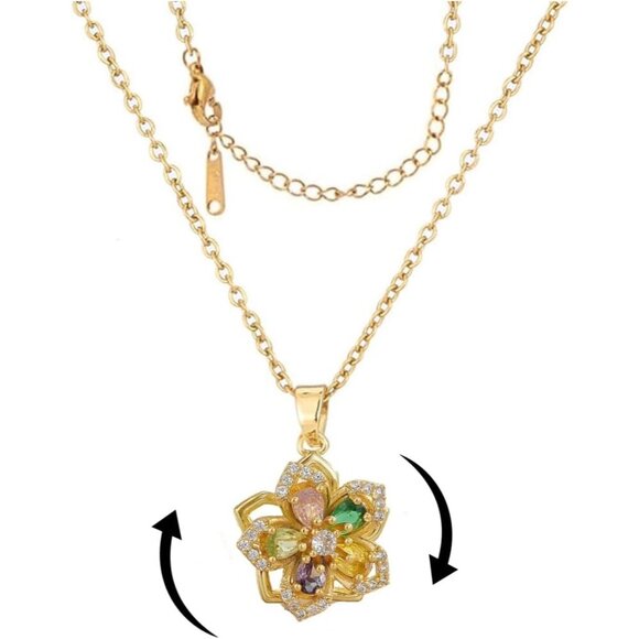 Jewelry - Women Gold Flower Fidget Colorful Necklace Rotatable Crystal Blossom Pendant
